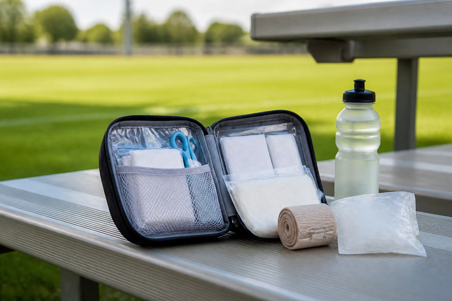 Compact youth sports first-aid kit arranged on a sideline bench