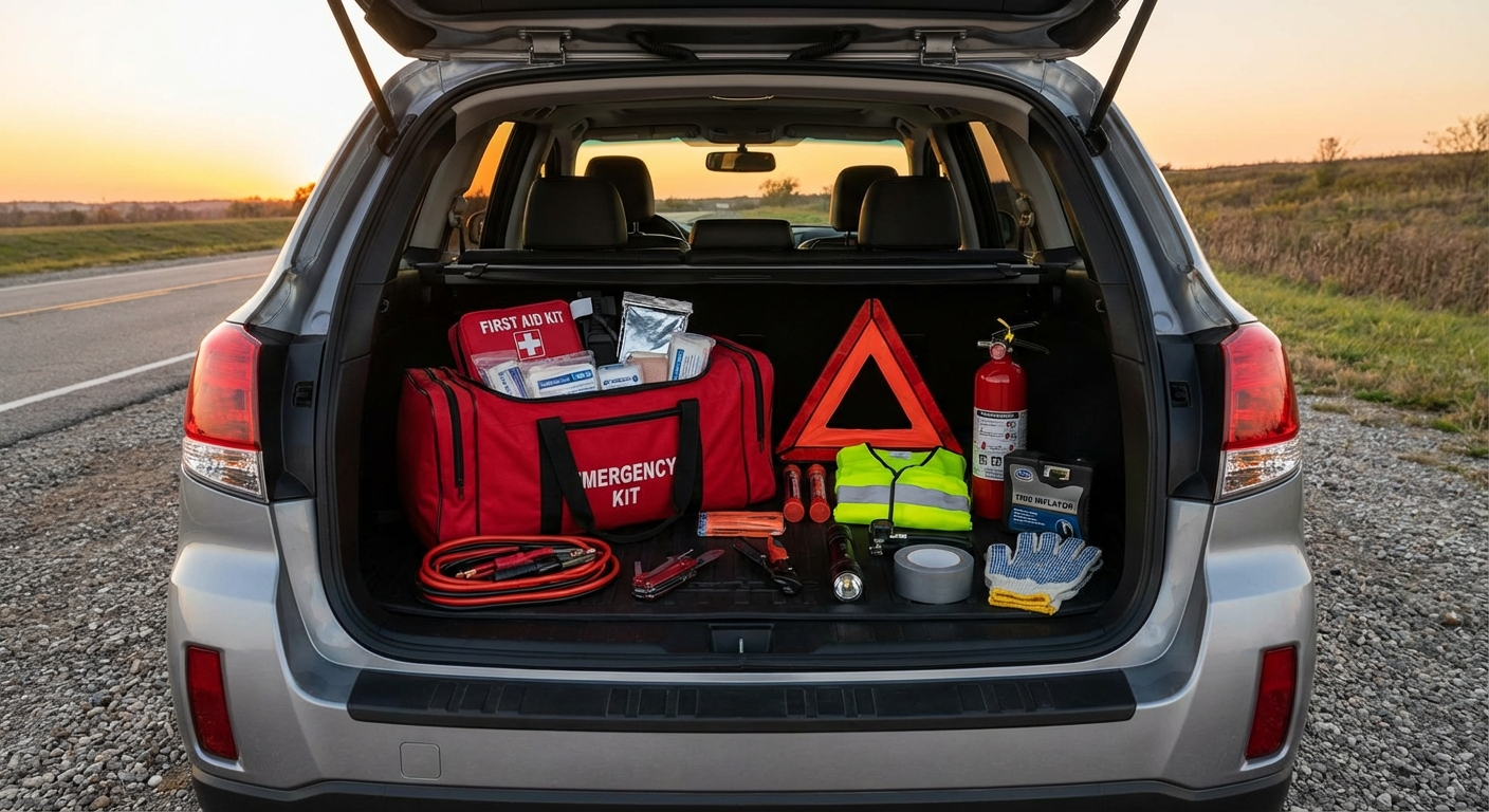 Complete car emergency kit including first aid, safety equipment and tools