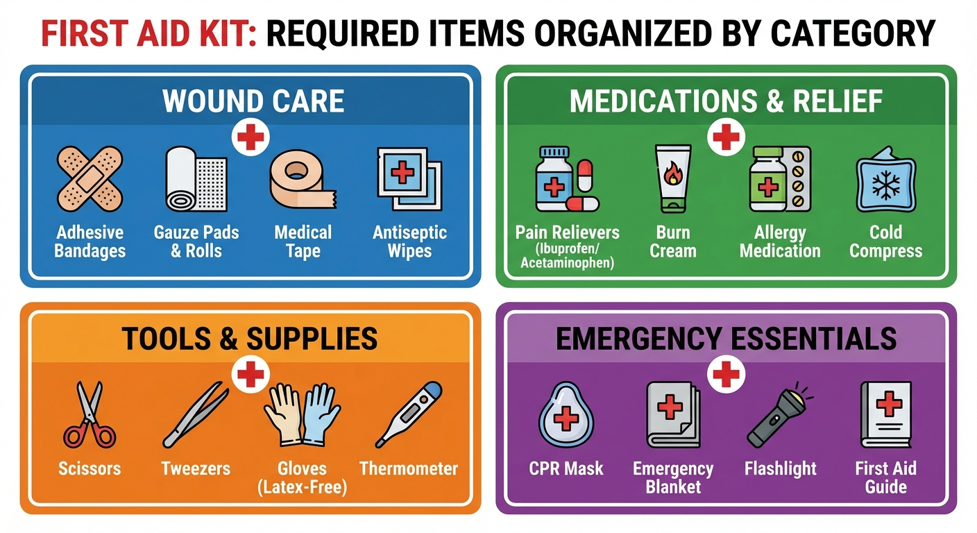 Infographic showing required car first aid kit contents