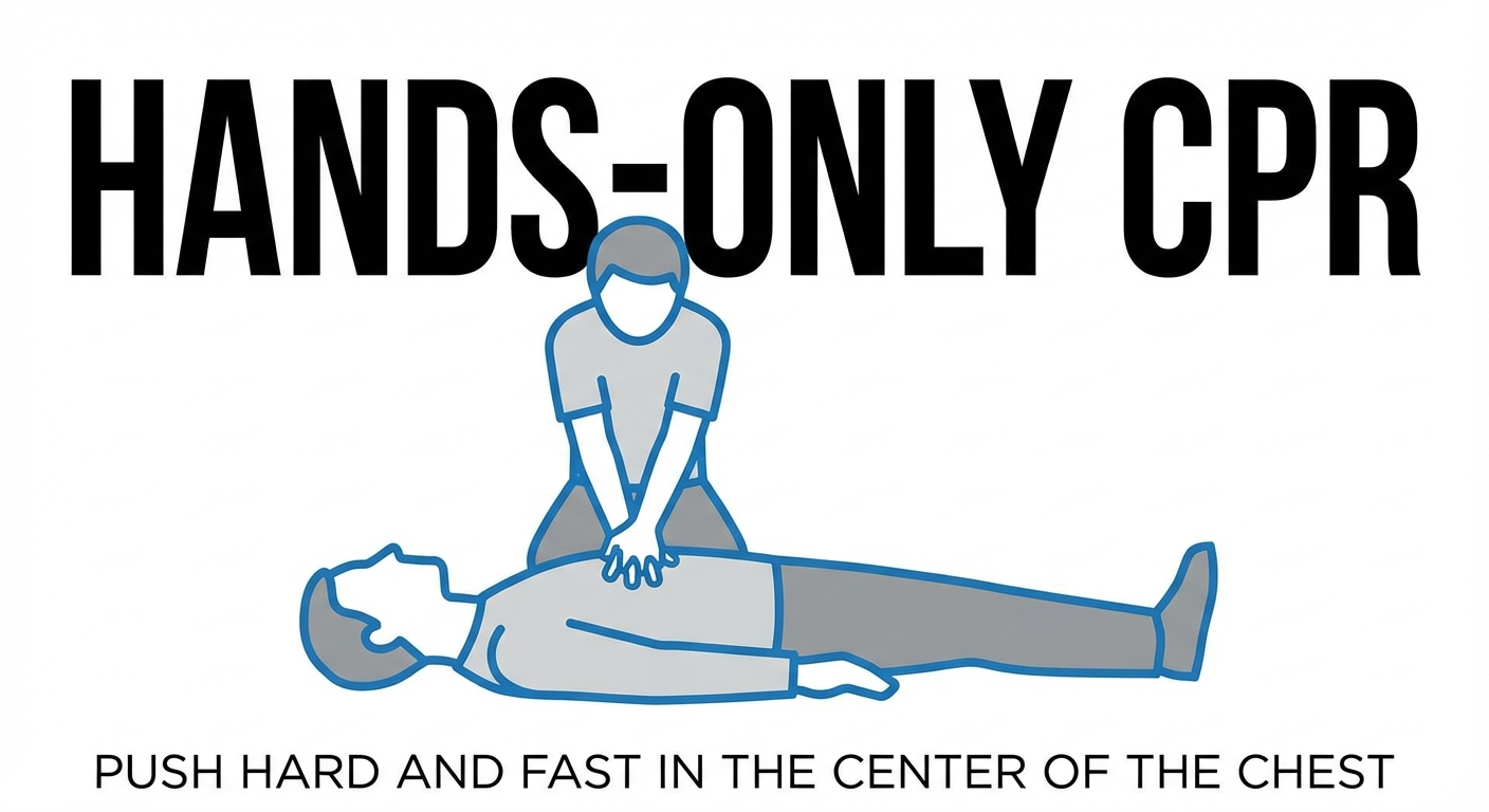 Hands-only CPR demonstration — two hands on center of chest, no rescue breaths needed