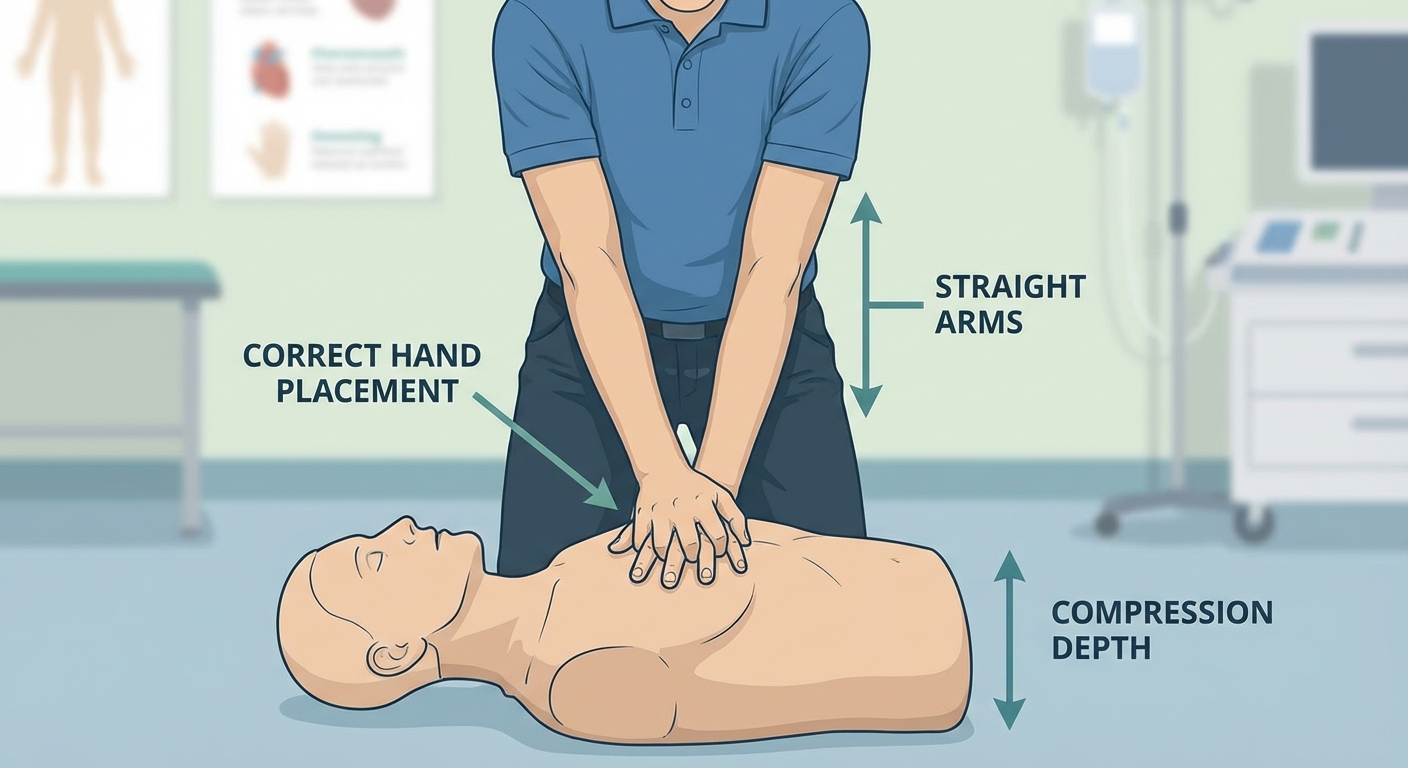 CPR being performed on an adult — rescuer positioning hands on center of chest