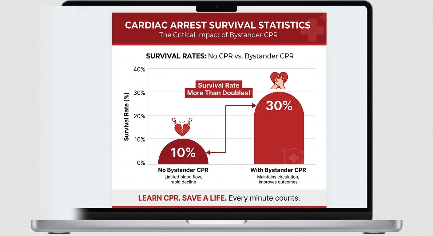 Infographic showing cardiac arrest survival rates with and without bystander CPR