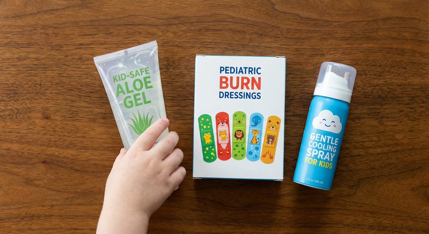 Child-safe first aid supplies for treating pediatric burns