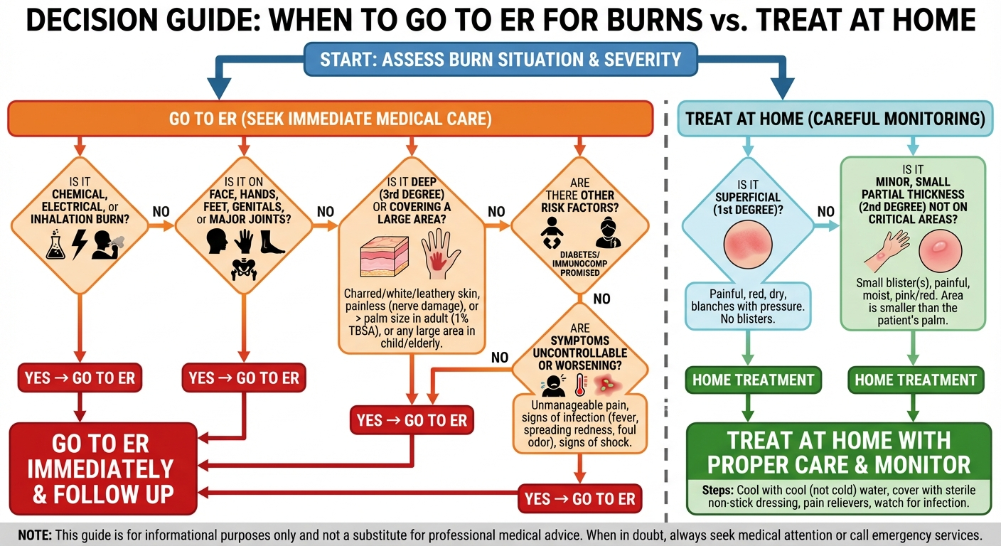 Decision flowchart: when to treat burns at home versus going to the ER