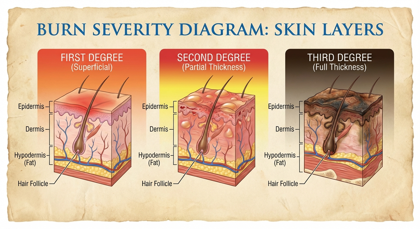 Burn degree classification diagram showing skin layers affected