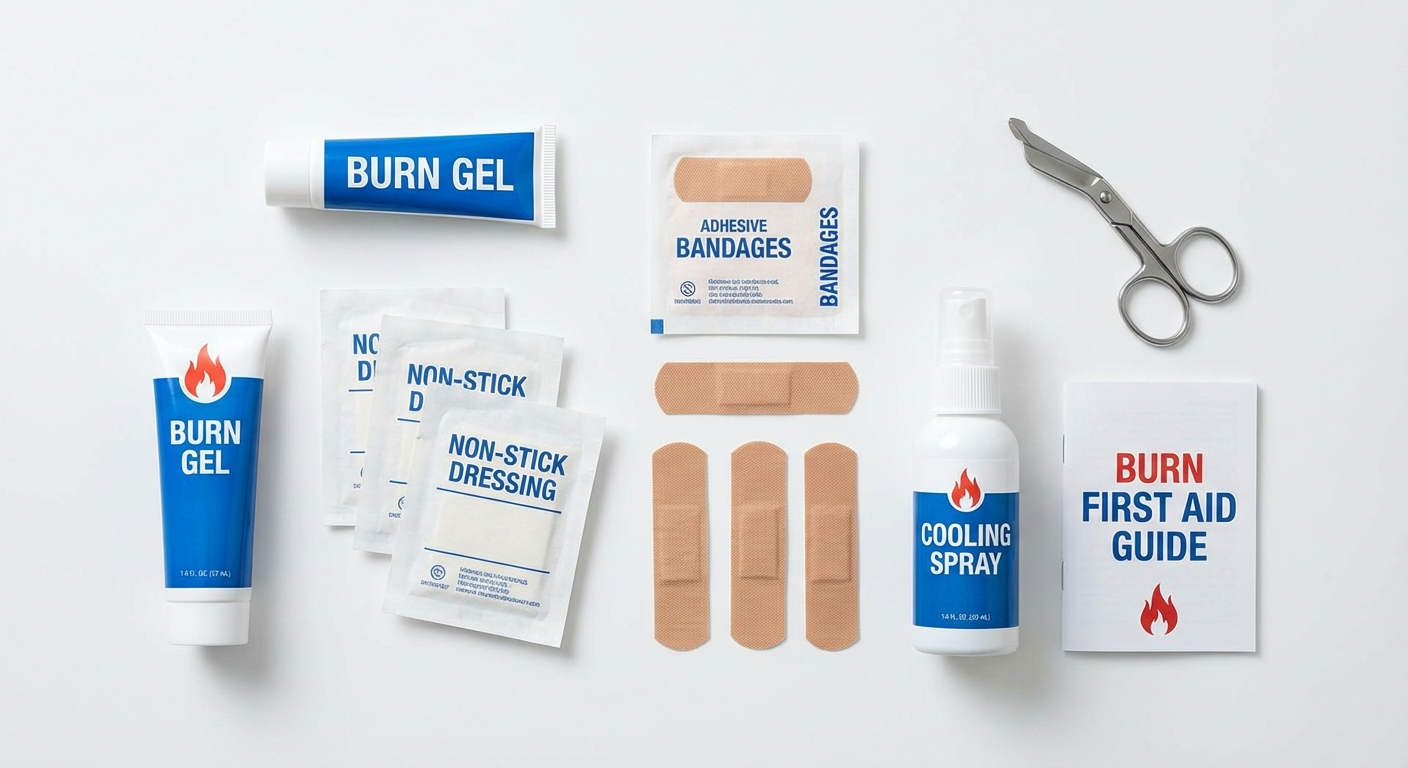 Burn first aid kit supplies including non-stick dressings and burn cream