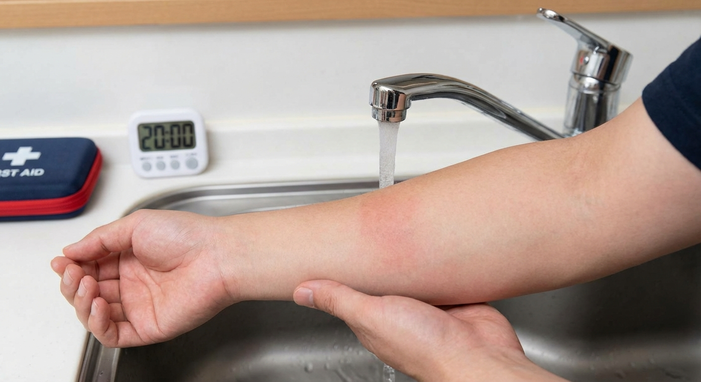 Person holding burned hand under cool running water for 20 minutes first aid treatment
