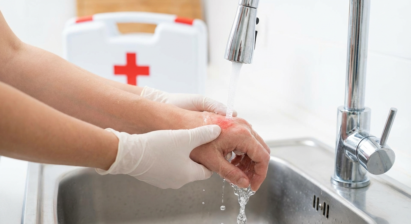 First aid treatment for burn: cool running water applied to hand