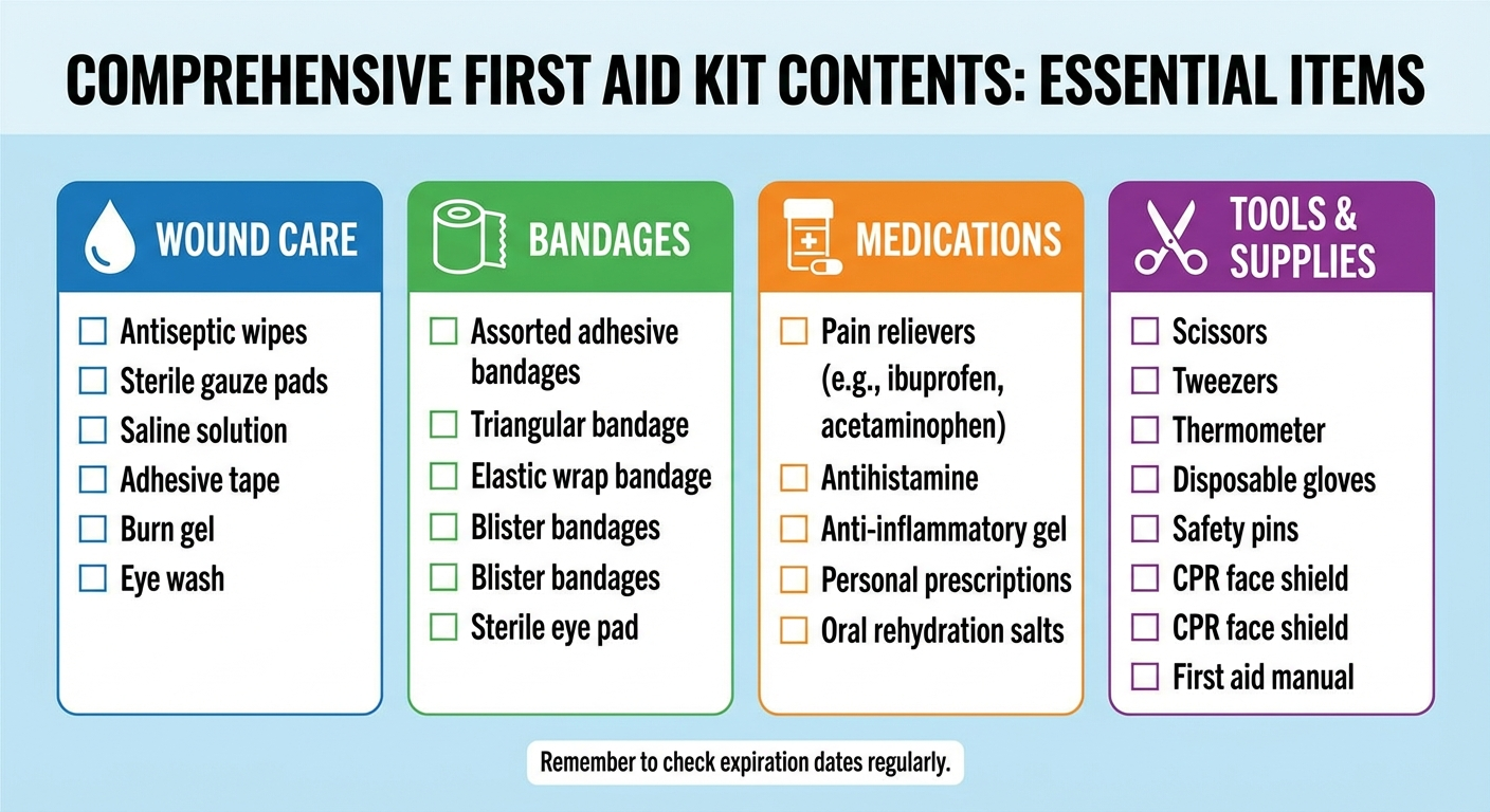 Comprehensive first aid kit contents checklist infographic showing all essential items organized by category with checkboxes
