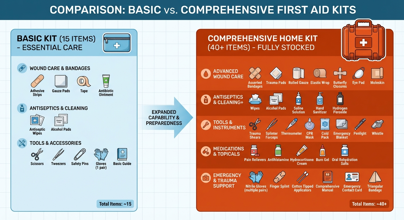 Comparison infographic showing basic vs comprehensive first aid kit contents side by side