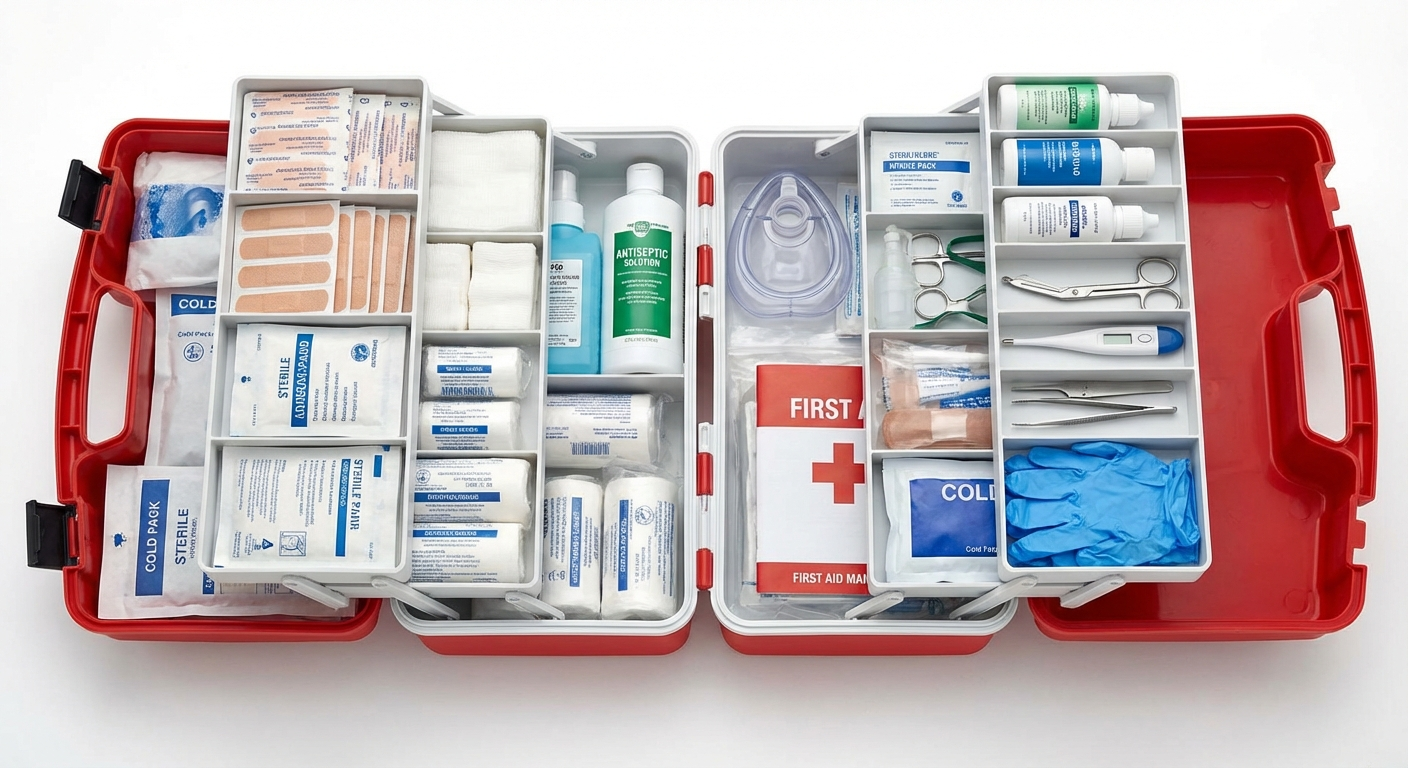 A well-stocked first aid kit open on a table showing organized compartments with bandages, gauze, antiseptic, scissors, gloves, and a thermometer