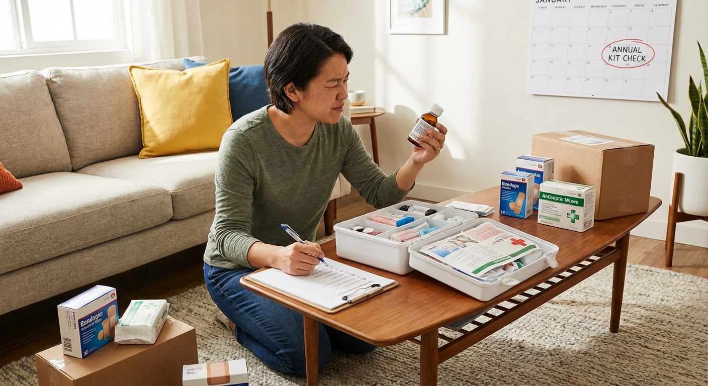 Person checking expiration dates on medications and restocking first aid kit supplies at a kitchen table