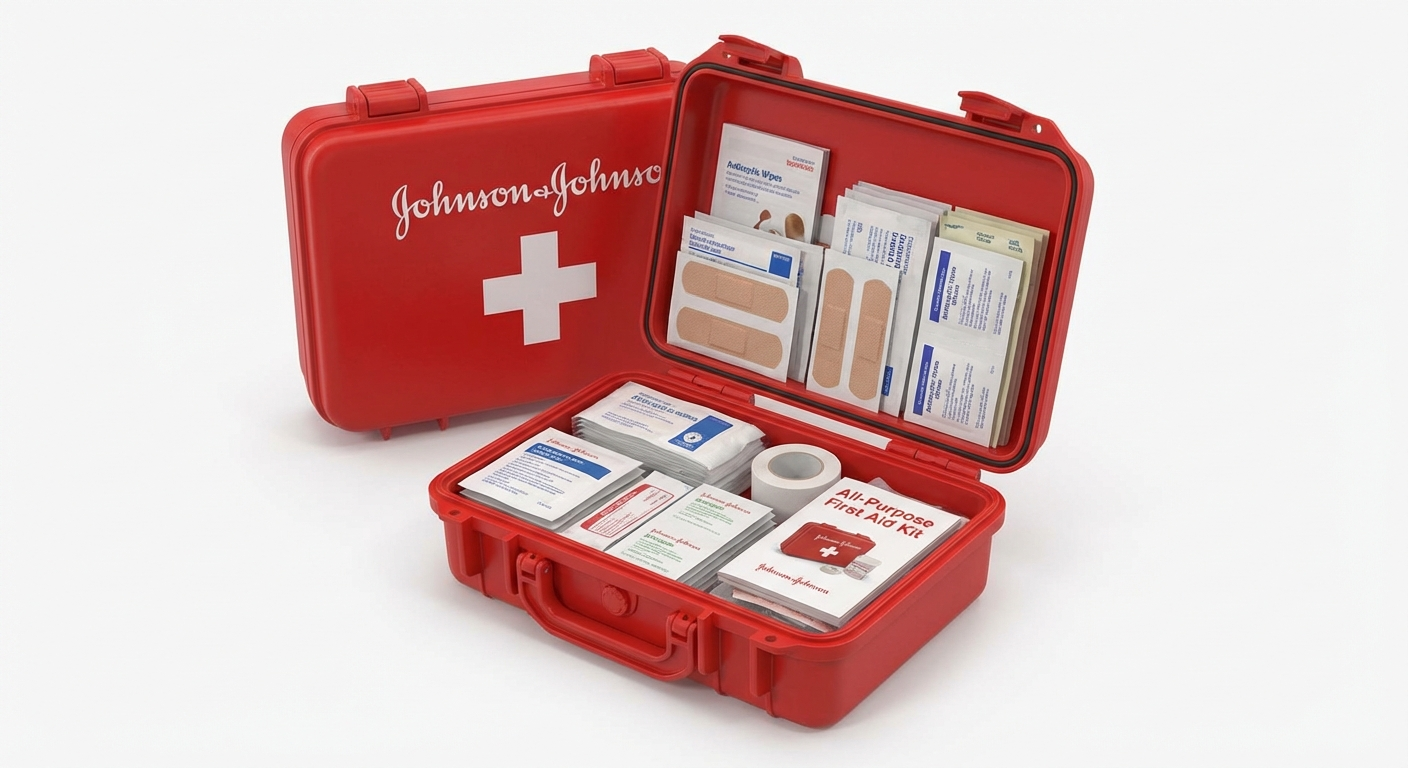 Johnson and Johnson all-purpose first aid kit complete set showing red case with organized supplies