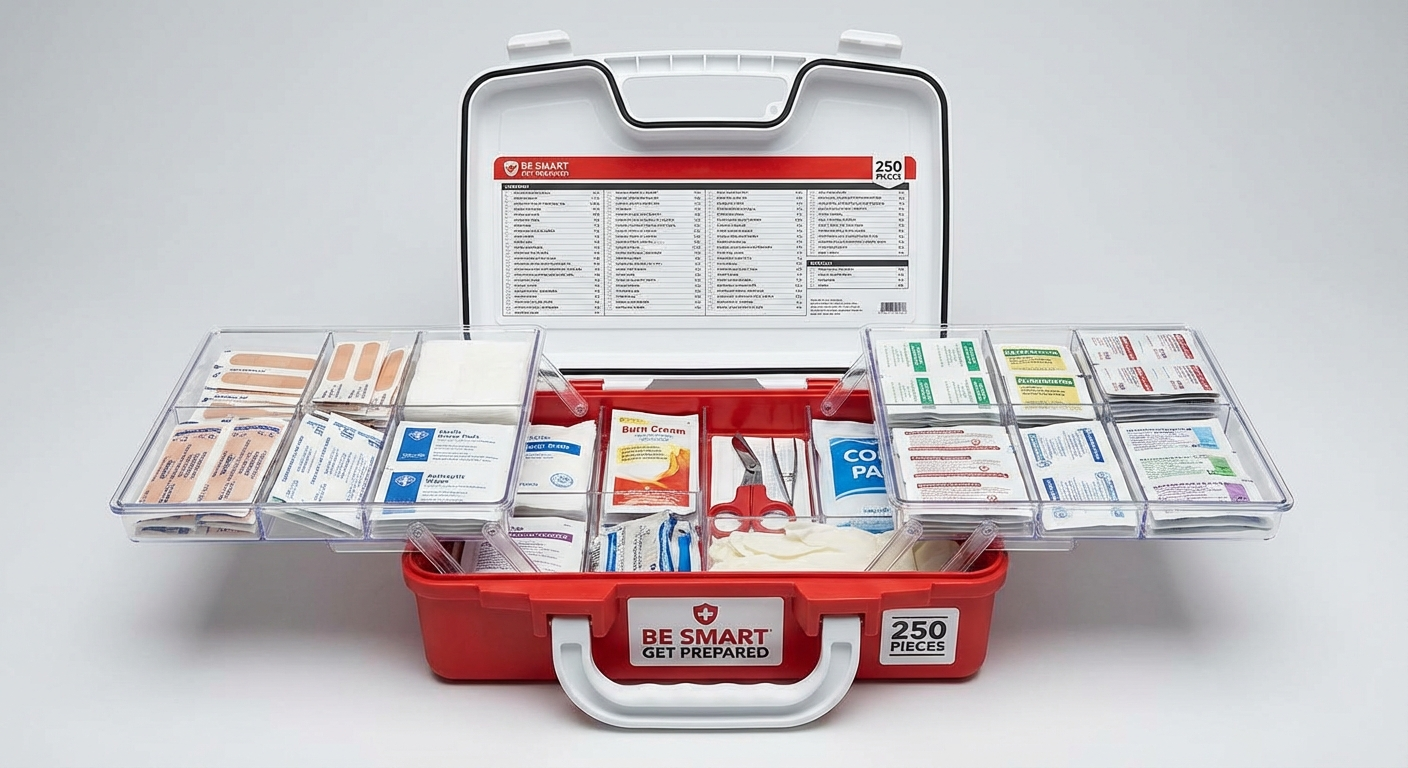 Be Smart Get Prepared first aid kit 250 piece showing all contents organized in clear case