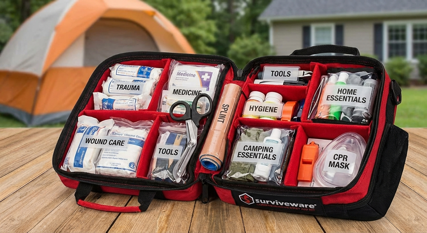 Surviveware comprehensive first aid kit with organized dividers and labeled compartments