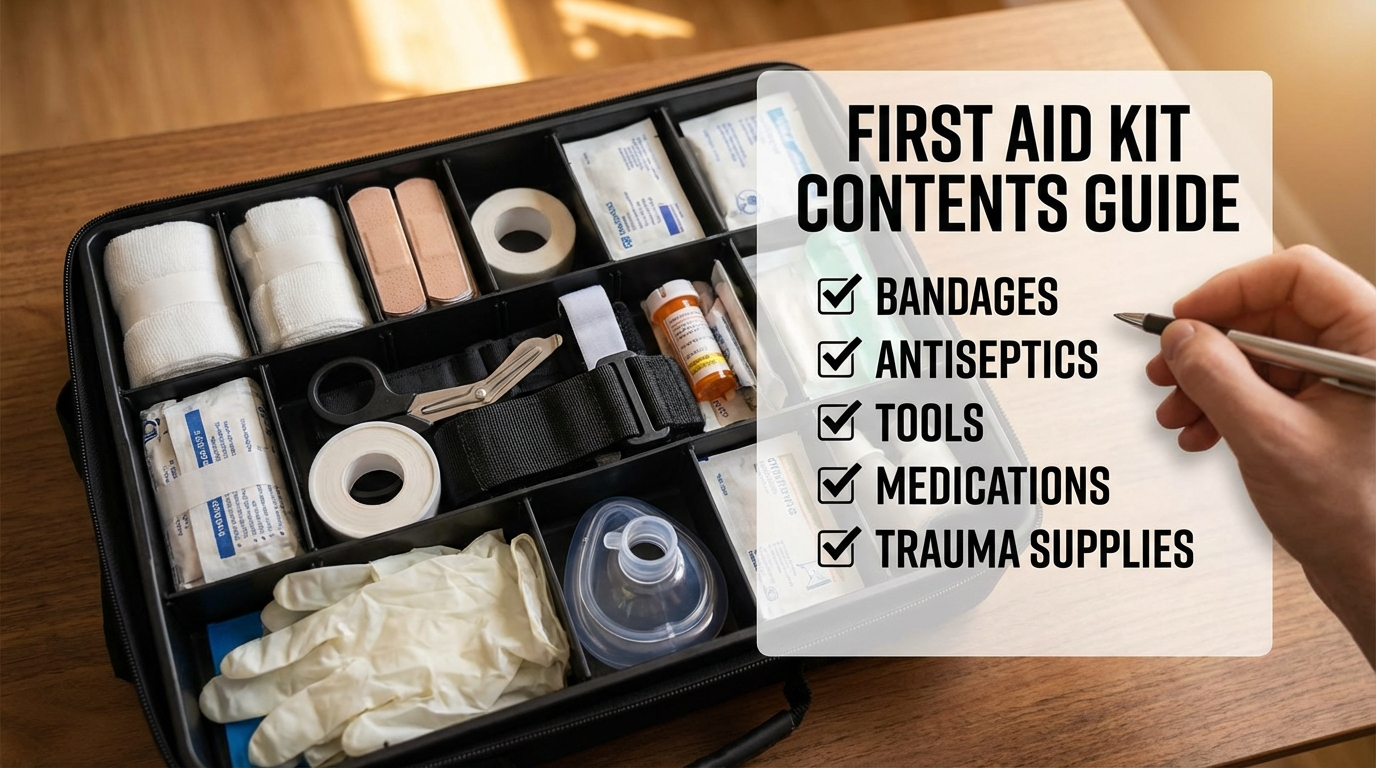 First aid kit essentials video guide thumbnail showing organized supplies with checklist overlay